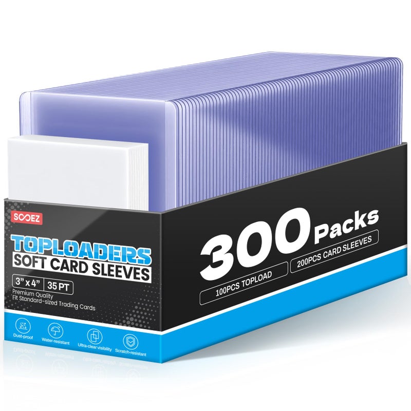 سويز 300 بطاقة تحميل علوية للبطاقات، Sooez Premium 35PT 3""X4"" واقيات بطاقات البيسبول من البلاستيك الصلب، حامل بطاقات لتجارة بطاقات كرة القدم الرياضية (100 محمل علوي + 200 أكمام قرش) - Image 1